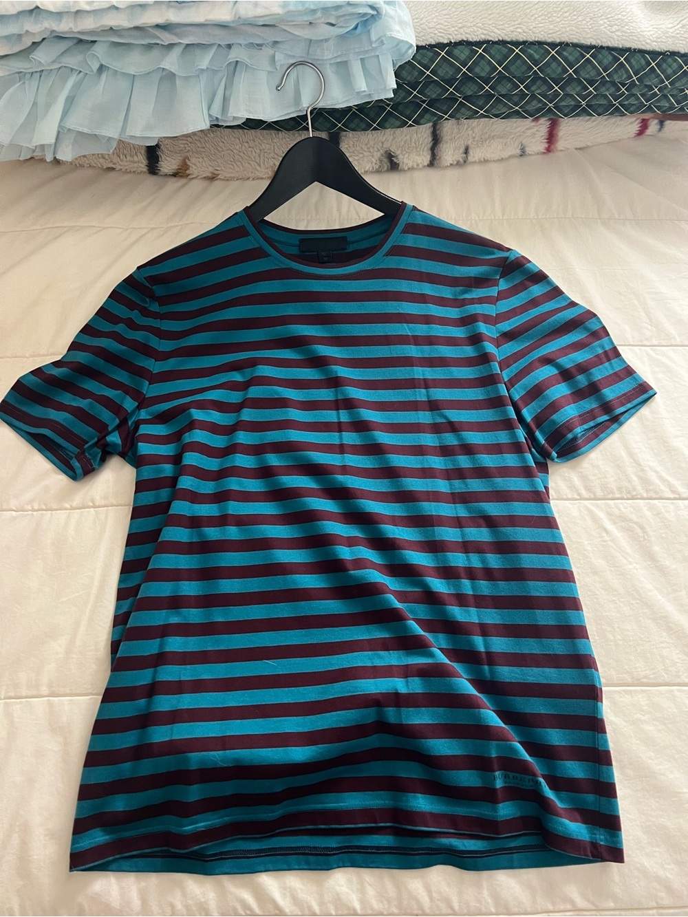 Burberry Striped Crewneck Tee in Teal and Burgundy